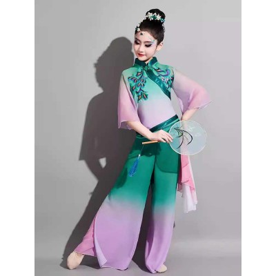 Children Girls chinese folk dance costumes Jiaozhou Yangge Dance dresses fairy hanfu green pink  Ethnic Fan Dance Umbrella Dance Performance clothing 